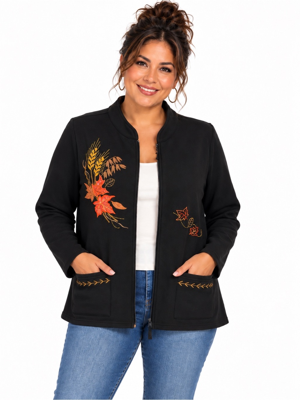 Breckenridge Cardigan Size L Black Embroidered Fall Leaves Floral Zip Jacket